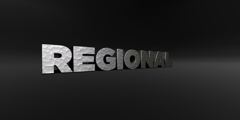 REGIONAL - hammered metal finish text on black studio - 3D rendered royalty free stock photo. This image can be used for an online website banner ad or a print postcard.