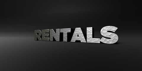 RENTALS - hammered metal finish text on black studio - 3D rendered royalty free stock photo. This image can be used for an online website banner ad or a print postcard.