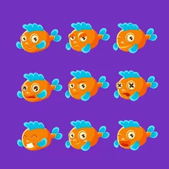 Fotobehang Cute Orange Aquarium Fish Cartoon Character Set Of Different Facial Expressions And Emotions © topvectors