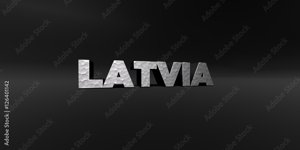 Fototapete latvia - hammered metal finish text on black studio - 3d rendered royalty free stock photo. this ima