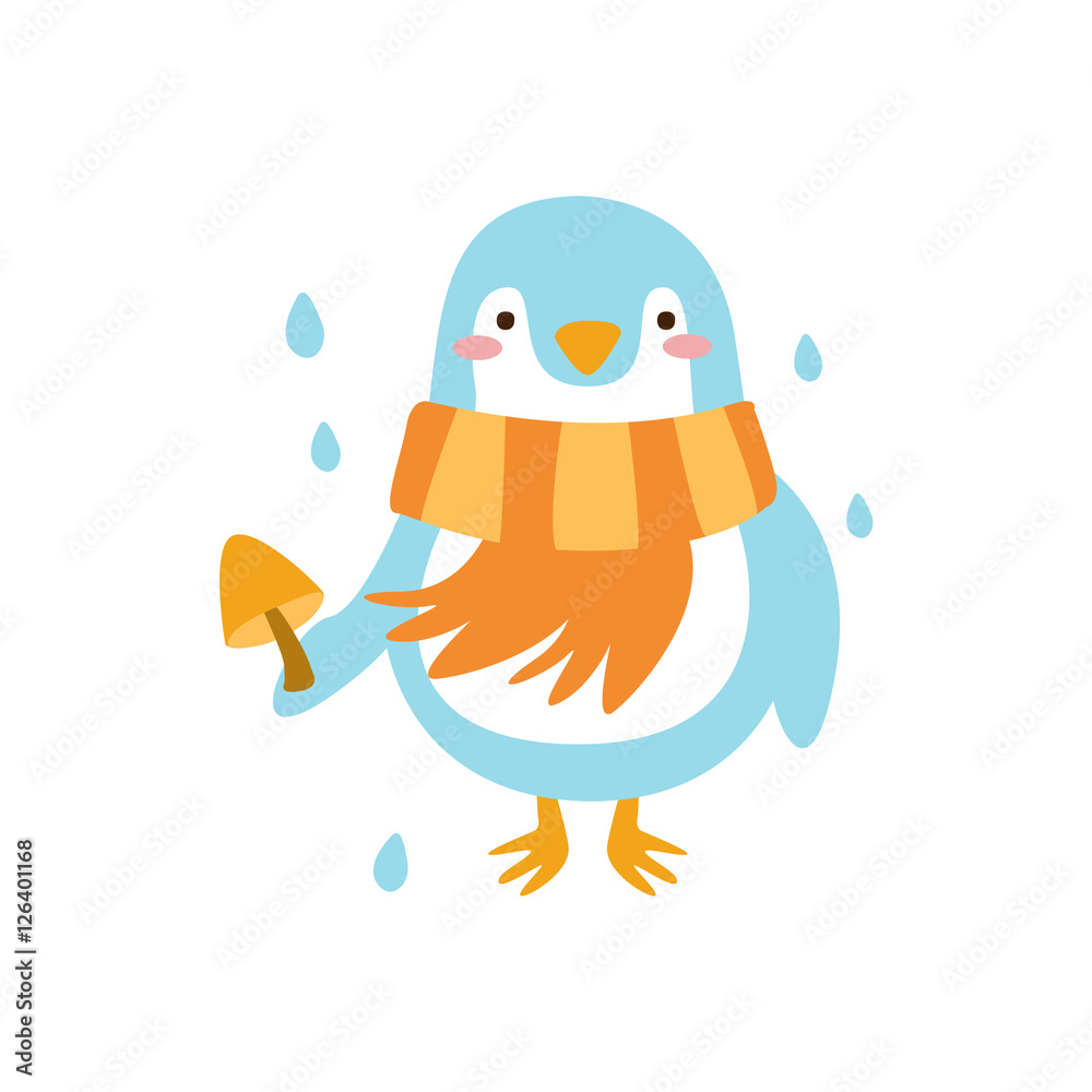 Sticker Blue Penguin Wearing Scarf Holding Mushroom Under Rain In Autumn Standing Upright Humanized Animal Character Illustration In Funky Decorative Style