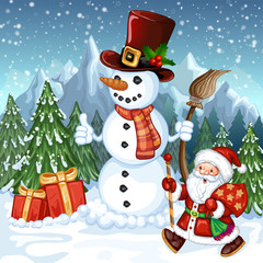 Merry Christmas Card .Illustration of a funny cartoon Santa Claus and snowman 