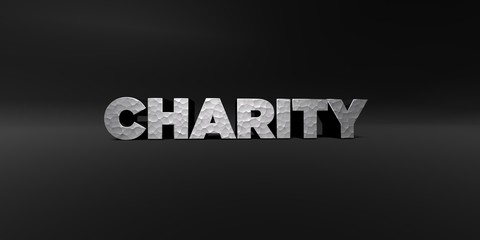 CHARITY - hammered metal finish text on black studio - 3D rendered royalty free stock photo. This image can be used for an online website banner ad or a print postcard.