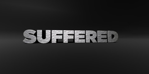SUFFERED - hammered metal finish text on black studio - 3D rendered royalty free stock photo. This image can be used for an online website banner ad or a print postcard.