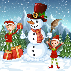 Merry Christmas Card. Illustration with funny snowman and Santa's elves