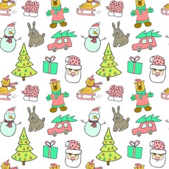 Cute Christmas and New Year seamless pattern.Cat on a sled, christmas tree, rabbit, car, gift, snowman and Santa Claus