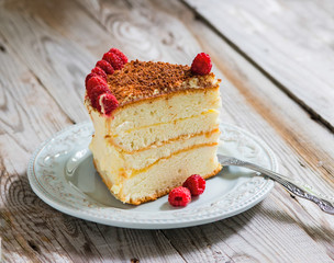 Cake with grated chocolate on top and raspberry.