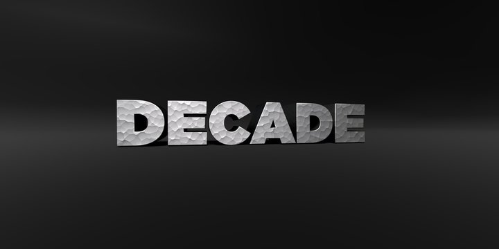 DECADE - hammered metal finish text on black studio - 3D rendered royalty free stock photo. This image can be used for an online website banner ad or a print postcard.