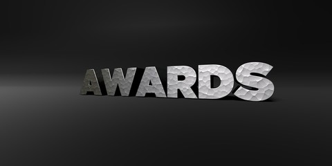 AWARDS - hammered metal finish text on black studio - 3D rendered royalty free stock photo. This image can be used for an online website banner ad or a print postcard.