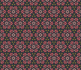Seamless vector pattern of geometric flowers and leaves. It can be used for scrap-booking, textile and clothes printing, web design or packaging materials.