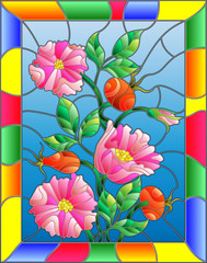 Illustration in stained glass style with flowers , berries and leaves of wild rose in a bright frame