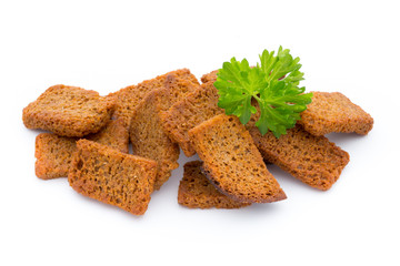 Bread croutons isolated on a white background.