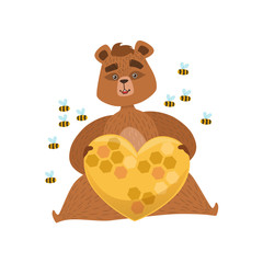 Girly Cartoon Brown Bear Character Holding Heart Shaped Beehive Surrounded By Bees Illustration