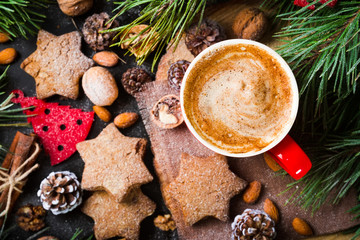 Christmas decoration with spice coffee and hommade gingerbread