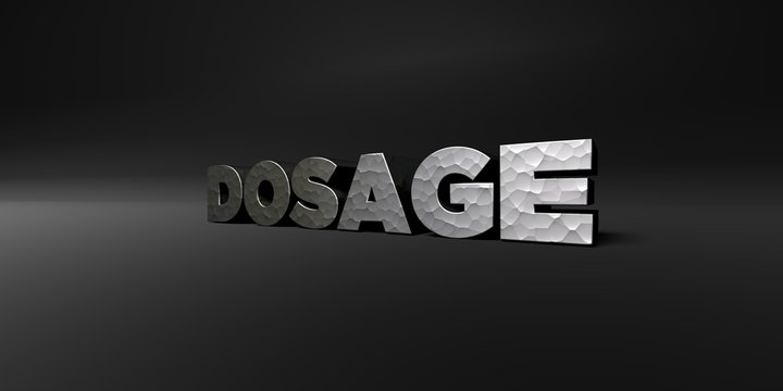 DOSAGE - hammered metal finish text on black studio - 3D rendered royalty free stock photo. This image can be used for an online website banner ad or a print postcard.