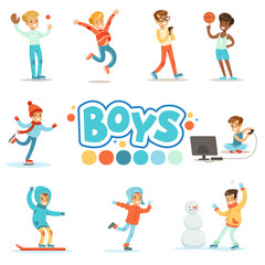 Happy Boys And Their Expected Normal Behavior With Active Games And Sport Practices Set Of Traditional Male Kid Role Illustrations