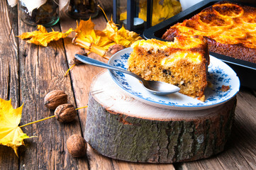 Delicious orange cake for autumn. Rustic decorations
