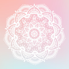 Round mandala on dreamy gradient background. Translucent mesh pattern in the form of a mandala. Mandala with floral patterns. Yoga template.