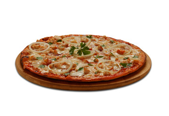 Pizza with becon, chicken, ognion and mozzarella. On white backg