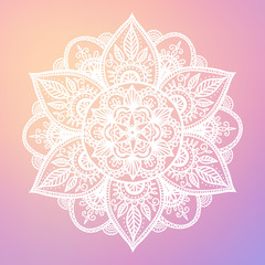 Round mandala on dreamy gradient background. Translucent mesh pattern in the form of a mandala. Mandala with floral patterns. Yoga template.