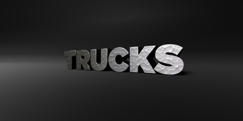 TRUCKS - hammered metal finish text on black studio - 3D rendered royalty free stock photo. This image can be used for an online website banner ad or a print postcard.