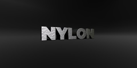 NYLON - hammered metal finish text on black studio - 3D rendered royalty free stock photo. This image can be used for an online website banner ad or a print postcard.