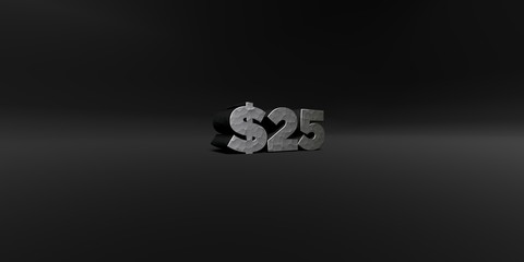 $25 - hammered metal finish text on black studio - 3D rendered royalty free stock photo. This image can be used for an online website banner ad or a print postcard.