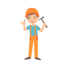 Boy With The Hammer And Nail, Kid Dressed As Builder On The Construction Site Future Dream Profession Set Illustration