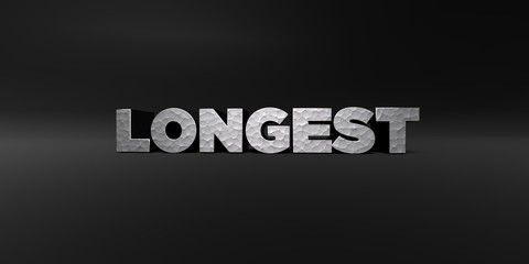 LONGEST - hammered metal finish text on black studio - 3D rendered royalty free stock photo. This image can be used for an online website banner ad or a print postcard.