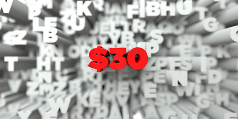 $30 -  Red text on typography background - 3D rendered royalty free stock image. This image can be used for an online website banner ad or a print postcard.