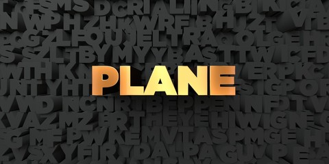 Plane - Gold text on black background - 3D rendered royalty free stock picture. This image can be used for an online website banner ad or a print postcard.