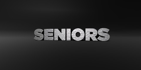 SENIORS - hammered metal finish text on black studio - 3D rendered royalty free stock photo. This image can be used for an online website banner ad or a print postcard.