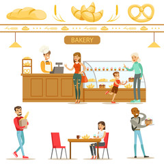 Interior Design And Happy Clients Of A Bakery Set Of Illustrations