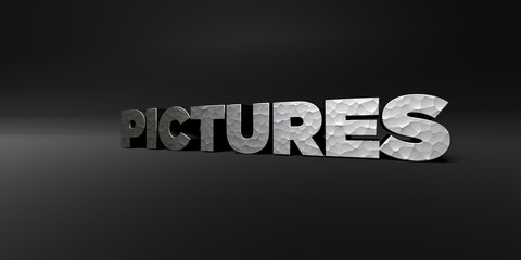 PICTURES - hammered metal finish text on black studio - 3D rendered royalty free stock photo. This image can be used for an online website banner ad or a print postcard.