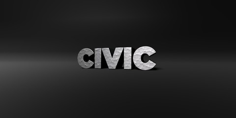 CIVIC - hammered metal finish text on black studio - 3D rendered royalty free stock photo. This image can be used for an online website banner ad or a print postcard.