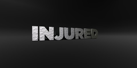 INJURED - hammered metal finish text on black studio - 3D rendered royalty free stock photo. This image can be used for an online website banner ad or a print postcard.