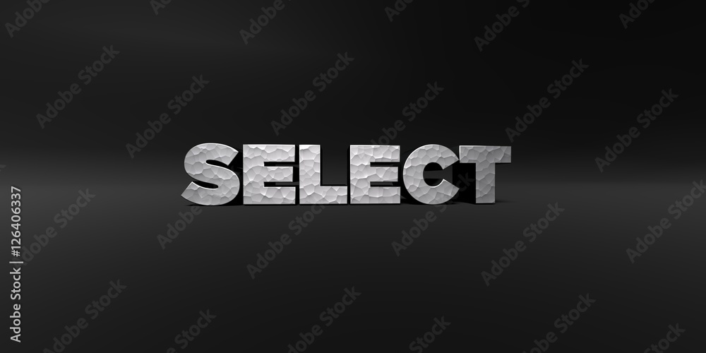 Fototapete select - hammered metal finish text on black studio - 3d rendered royalty free stock photo. this ima