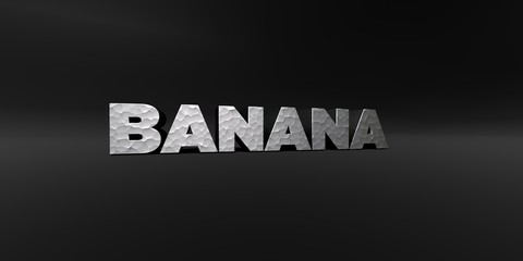 BANANA - hammered metal finish text on black studio - 3D rendered royalty free stock photo. This image can be used for an online website banner ad or a print postcard.