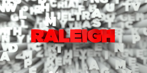 RALEIGH -  Red text on typography background - 3D rendered royalty free stock image. This image can be used for an online website banner ad or a print postcard.