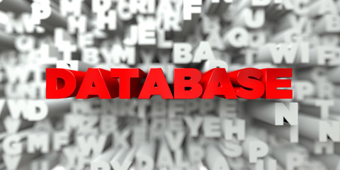 DATABASE -  Red text on typography background - 3D rendered royalty free stock image. This image can be used for an online website banner ad or a print postcard.