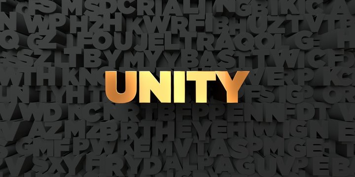 Unity - Gold text on black background - 3D rendered royalty free stock picture. This image can be used for an online website banner ad or a print postcard.