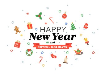 New Year inscription with traditional decoration elements in flat style