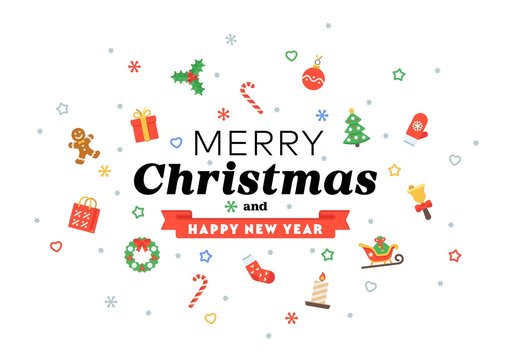 Merry Christmas inscription with traditional decoration elements in flat style