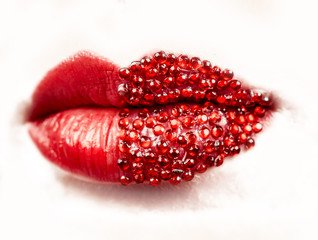 Passionate red lips, macro photography gloss, glitter