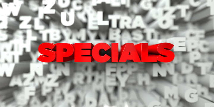 SPECIALS -  Red text on typography background - 3D rendered royalty free stock image. This image can be used for an online website banner ad or a print postcard.