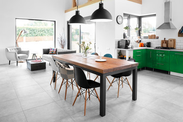 Modern dining room with dining table.