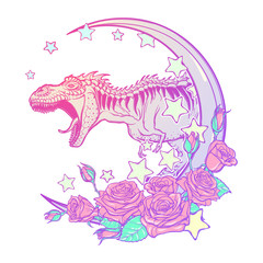 Obraz na płótnie Canvas Detailed sketch style drawing of the roaring tyrannosaurus rex on Kawaii Moon and roses frame. Tattoo design. Concept art. Pastel goth pallette. EPS10 vector illustration isolated on white background.