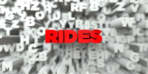 RIDES -  Red text on typography background - 3D rendered royalty free stock image. This image can be used for an online website banner ad or a print postcard.