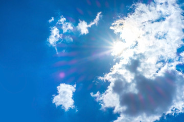 Fototapeta na wymiar sun beam behind cloudy with blue sky,nature background