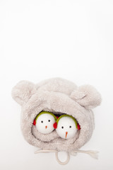 winter clothes and decorations for christmas tree, woolen hat, gloves, muffler and snowman, colorfull balls